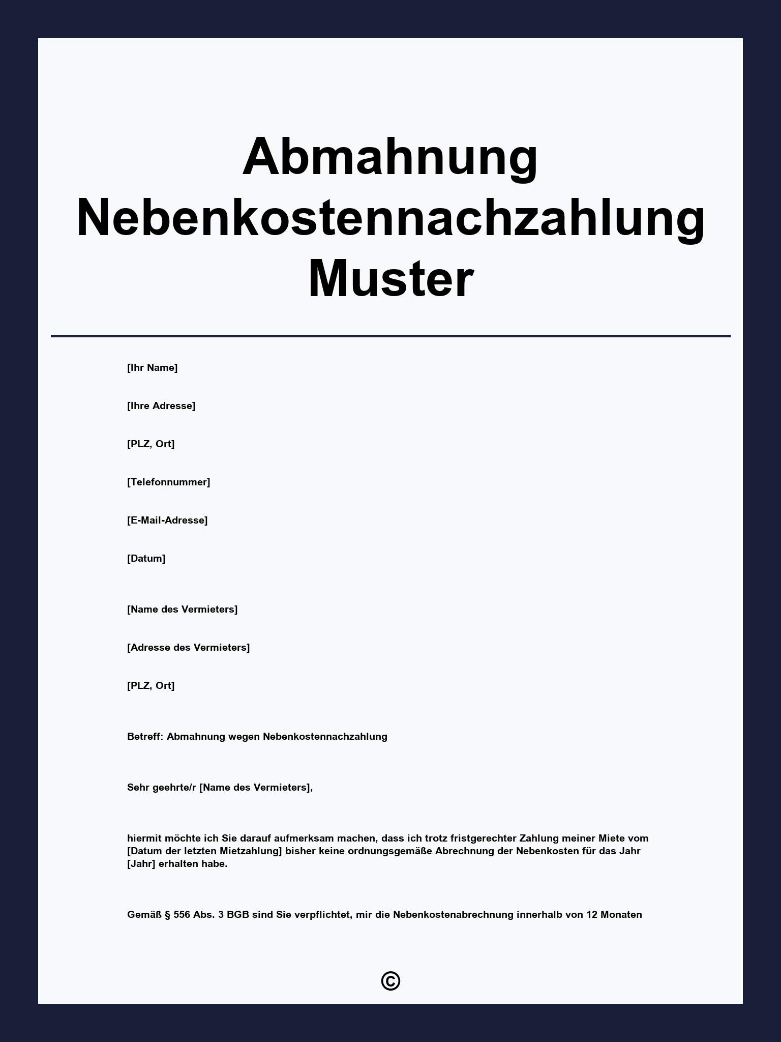 Abmahnung Nebenkostennachzahlung Muster