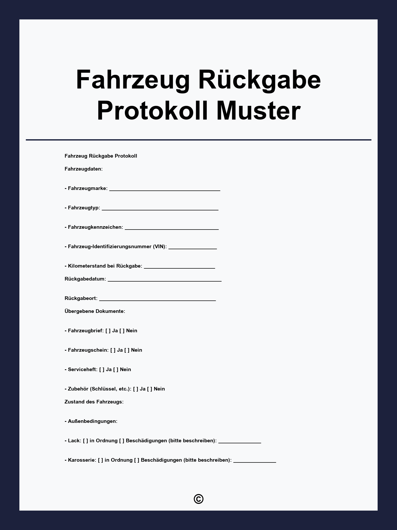 Fahrzeug Rückgabe Protokoll Muster