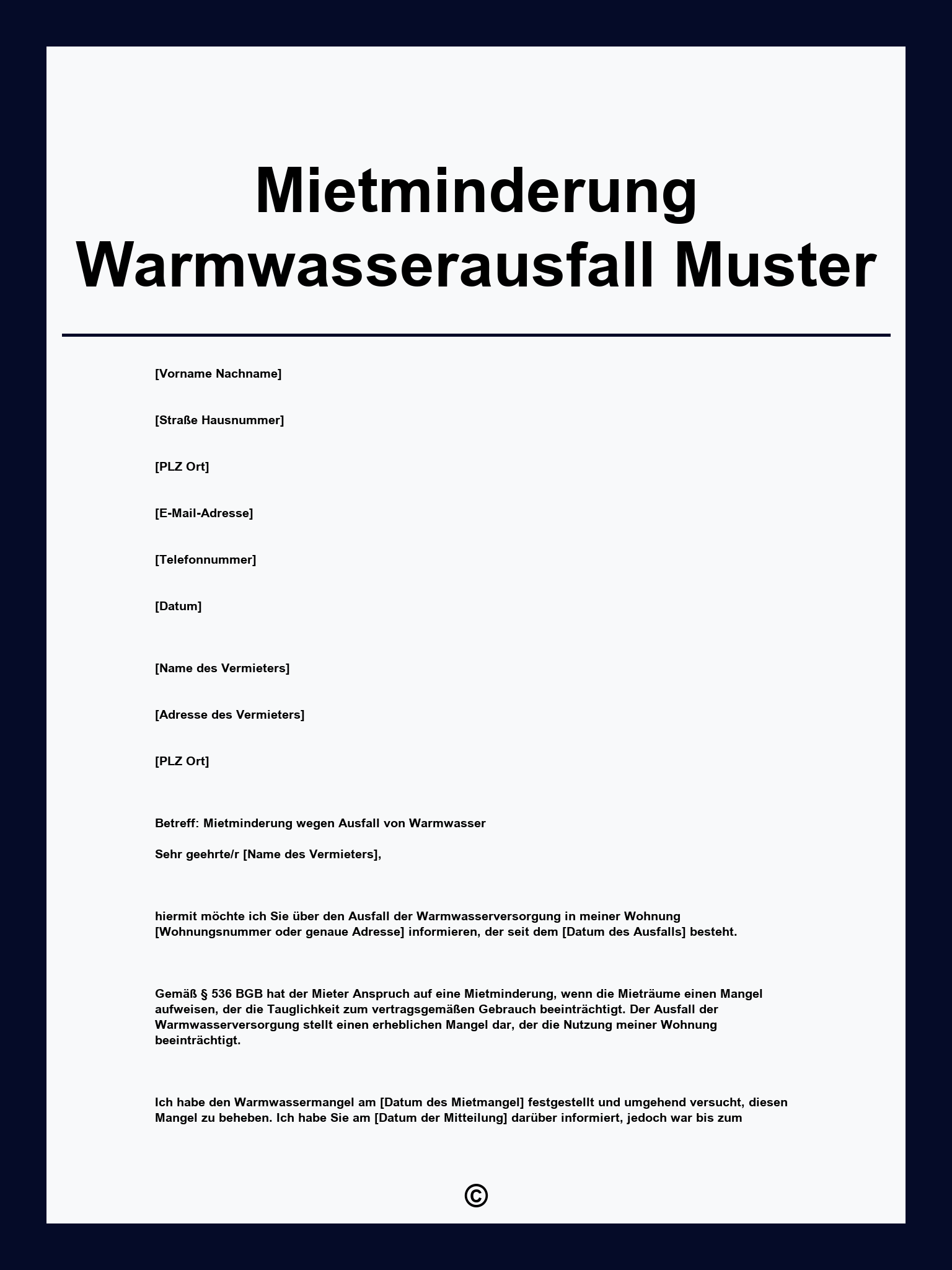 Mietminderung Warmwasserausfall Muster