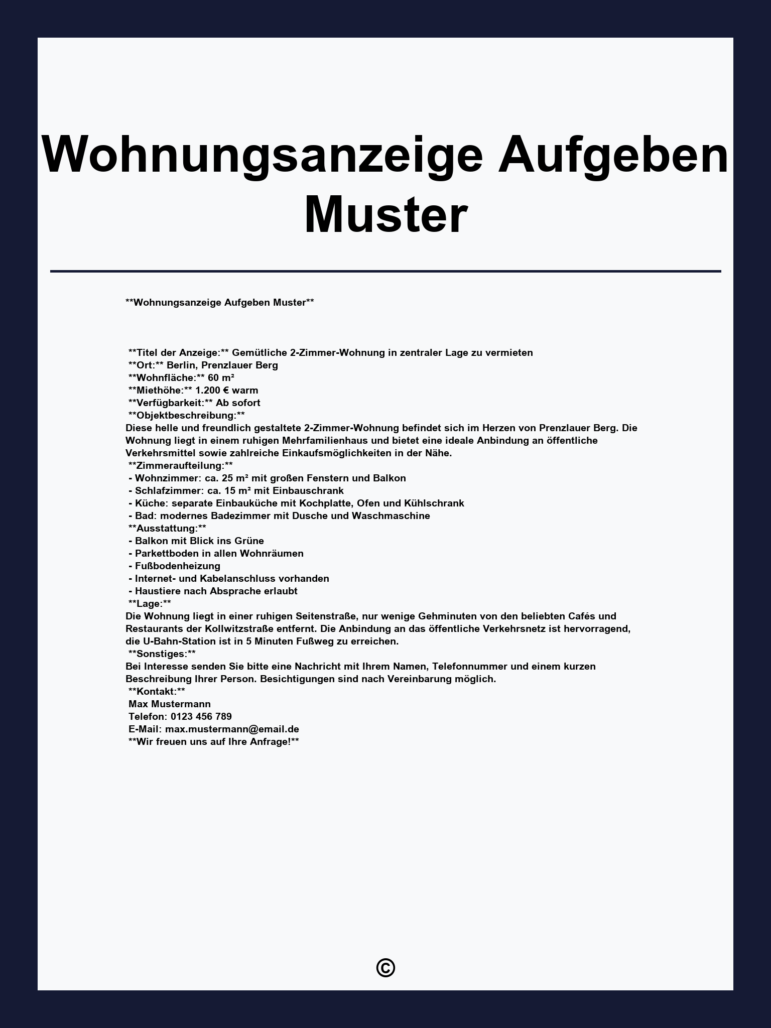 Wohnungsanzeige Aufgeben Muster